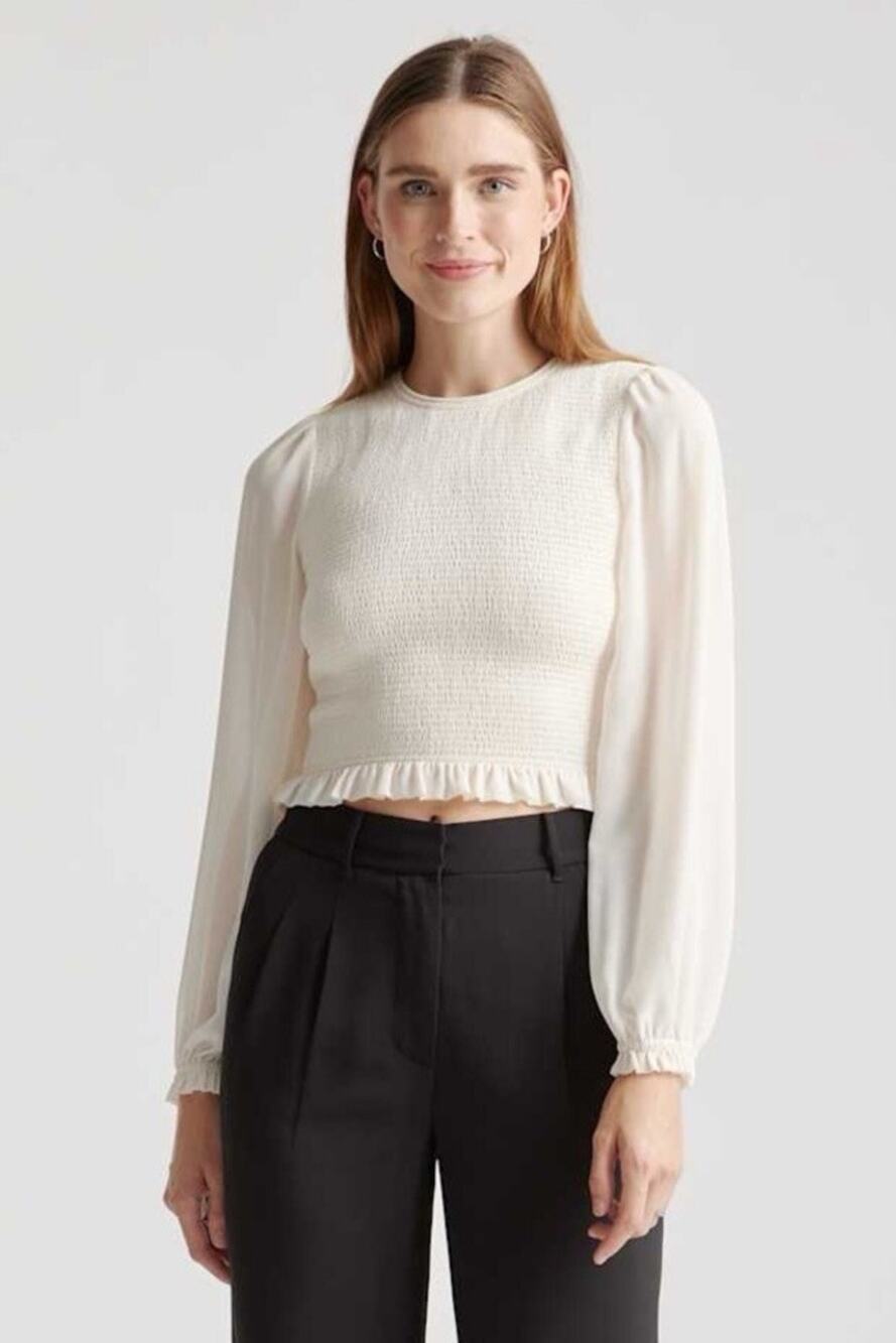 Quince Chiffon Cropped Smocked Blouse Ivory Womens Sz Large